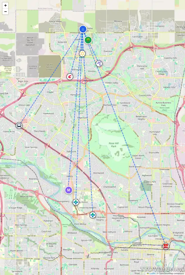 Daily accessibility map for 107 DRYSTONE WK NW, Calgary showing nearby schools, grocery stores, parks, LRT stations and nearby amenities