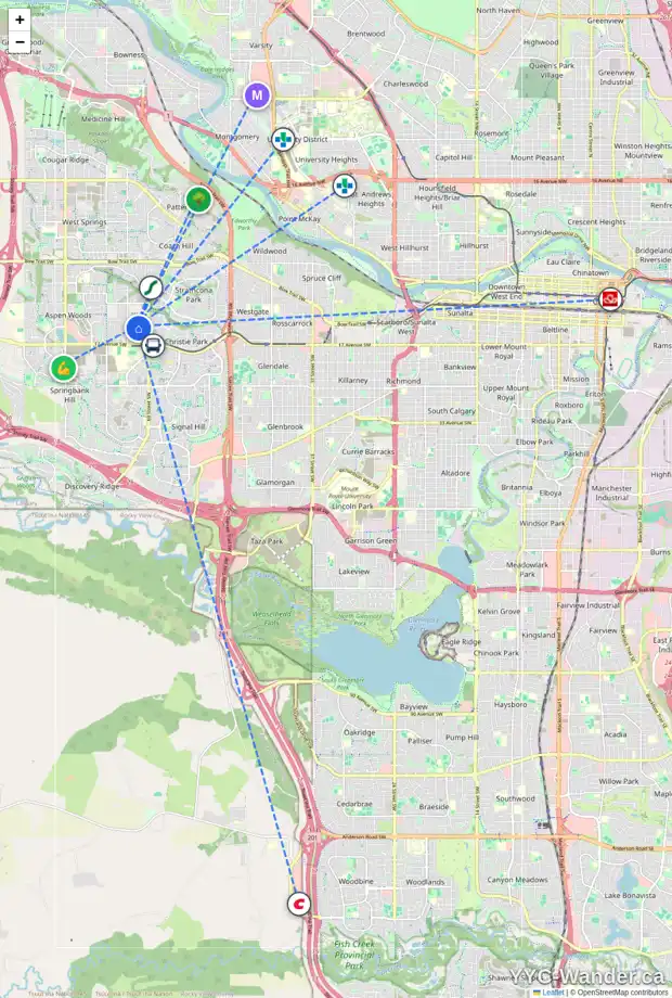 Daily accessibility map for 220 ASPEN MEADOWS PL SW, Calgary showing nearby schools, grocery stores, parks, LRT stations and nearby amenities