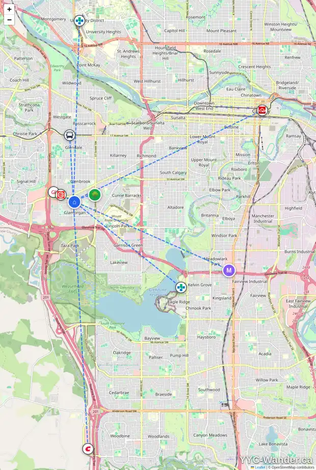 Daily accessibility map for 4024 45 ST SW, Calgary showing nearby schools, grocery stores, parks, LRT stations and nearby amenities