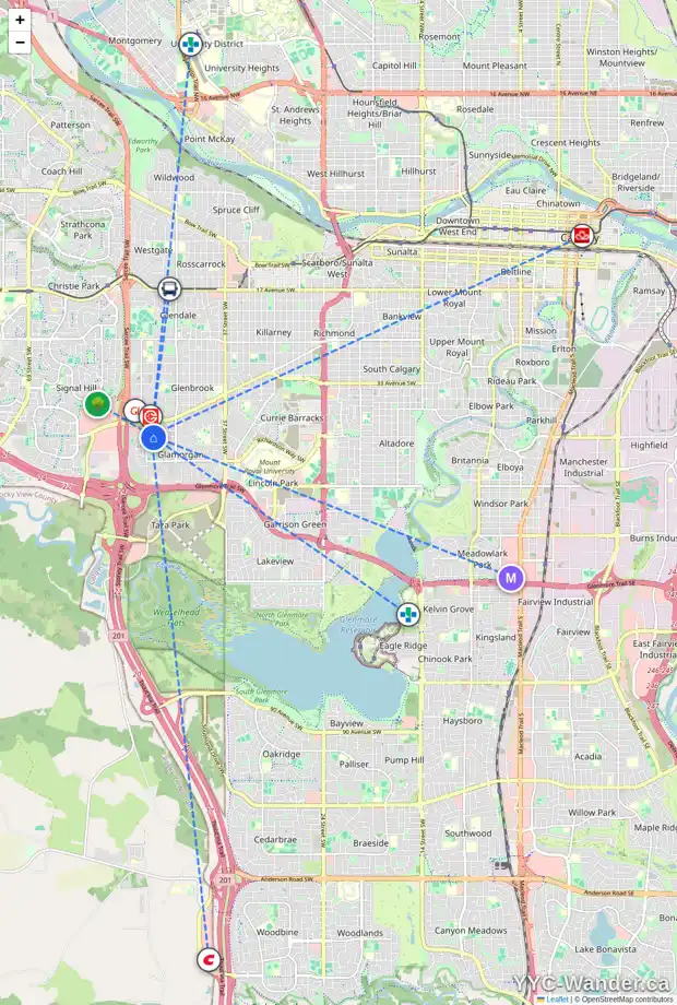 Daily accessibility map for 5011 40 AV SW, Calgary showing nearby schools, grocery stores, parks, LRT stations and nearby amenities