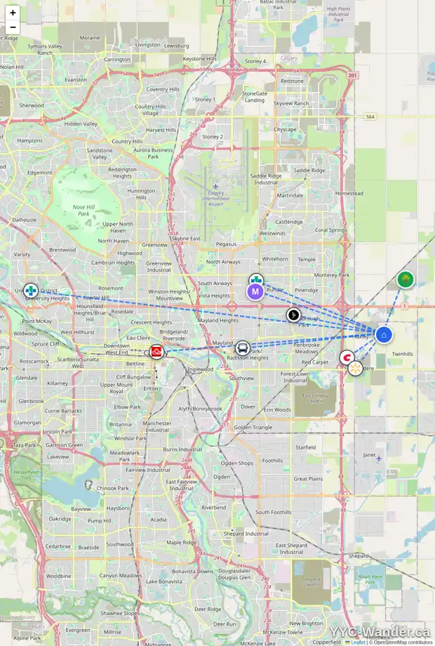 Daily accessibility map for 9925 HUXBURY DR NE, Calgary showing nearby schools, grocery stores, parks, LRT stations and nearby amenities