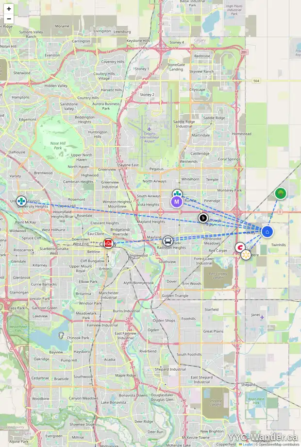 Daily accessibility map for 9997 HUXBURY DR NE, Calgary showing nearby schools, grocery stores, parks, LRT stations and nearby amenities