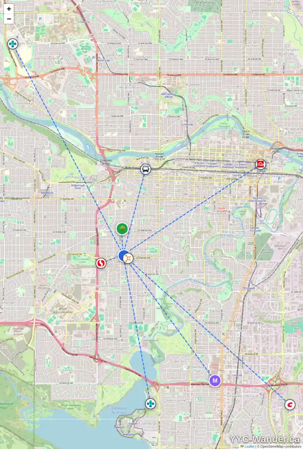 Daily accessibility map for 2021 32 AV SW, Calgary showing nearby schools, grocery stores, parks, LRT stations and nearby amenities