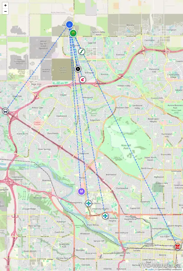 Daily accessibility map for 73 ANNETTE LD NW, Calgary showing nearby schools, grocery stores, parks, LRT stations and nearby amenities