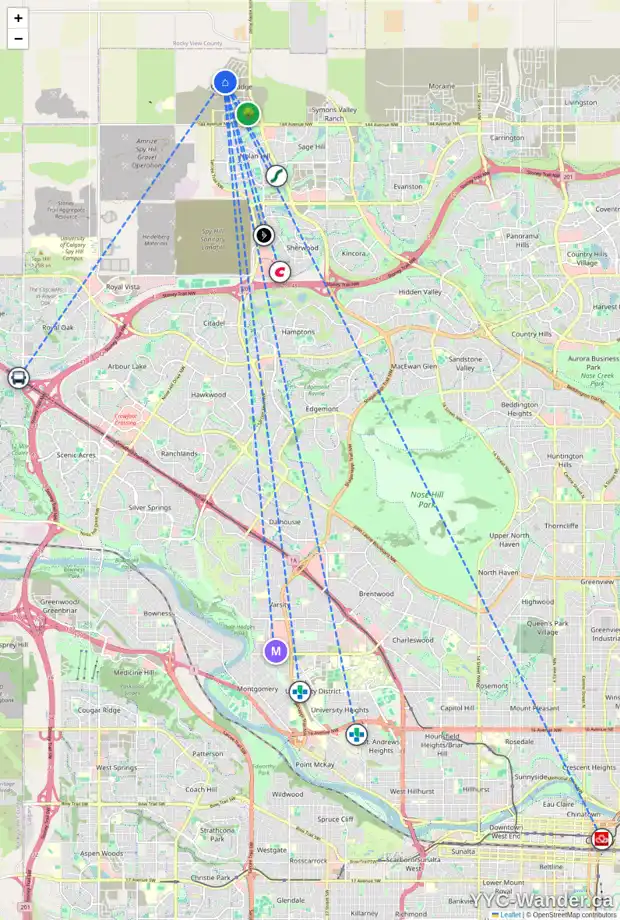 Daily accessibility map for 256 MARMOT GV NW, Calgary showing nearby schools, grocery stores, parks, LRT stations and nearby amenities