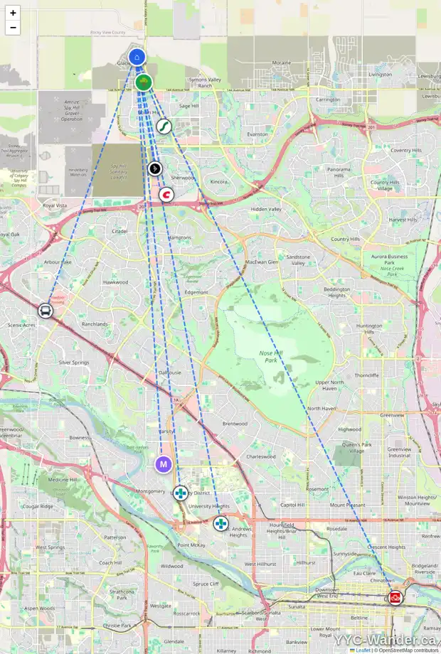 Daily accessibility map for 174 MARMOT GR NW, Calgary showing nearby schools, grocery stores, parks, LRT stations and nearby amenities