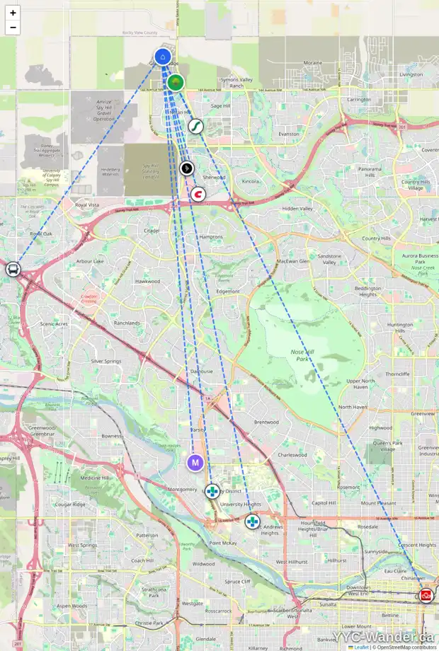 Daily accessibility map for 54 MARMOT PS NW, Calgary showing nearby schools, grocery stores, parks, LRT stations and nearby amenities