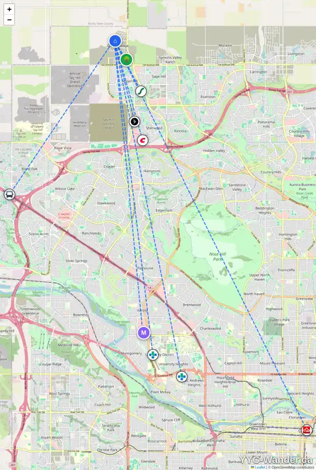 Daily accessibility map for 89 MARMOT PS NW, Calgary showing nearby schools, grocery stores, parks, LRT stations and nearby amenities
