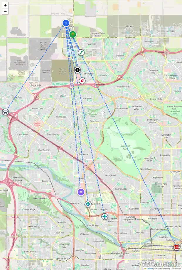 Daily accessibility map for 33 ANNETTE PA NW, Calgary showing nearby schools, grocery stores, parks, LRT stations and nearby amenities