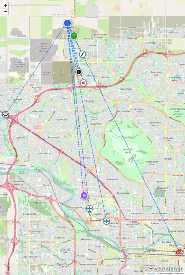 Daily accessibility map for 65 ANNETTE PA NW, Calgary showing nearby schools, grocery stores, parks, LRT stations and nearby amenities