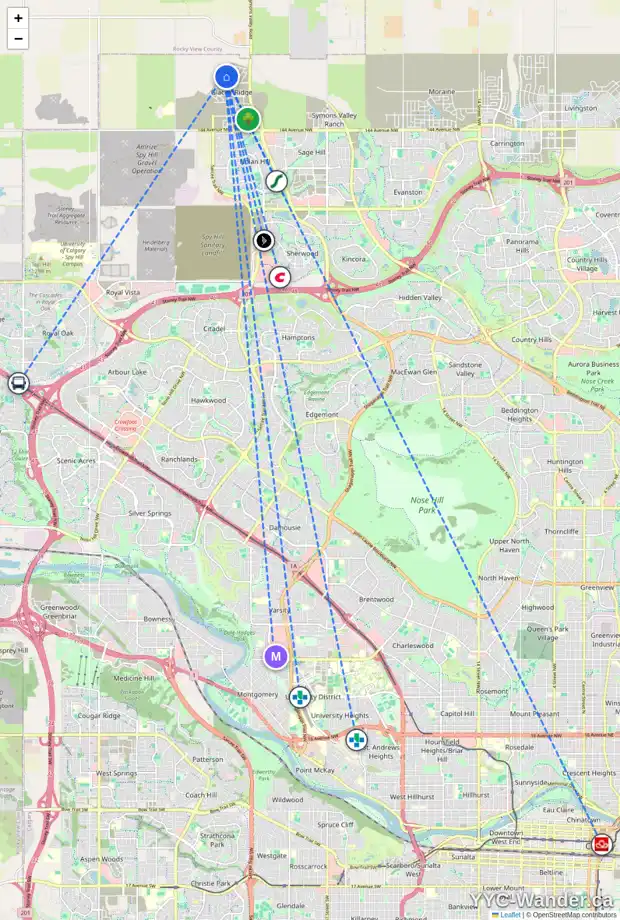 Daily accessibility map for 69 ANNETTE PA NW, Calgary showing nearby schools, grocery stores, parks, LRT stations and nearby amenities