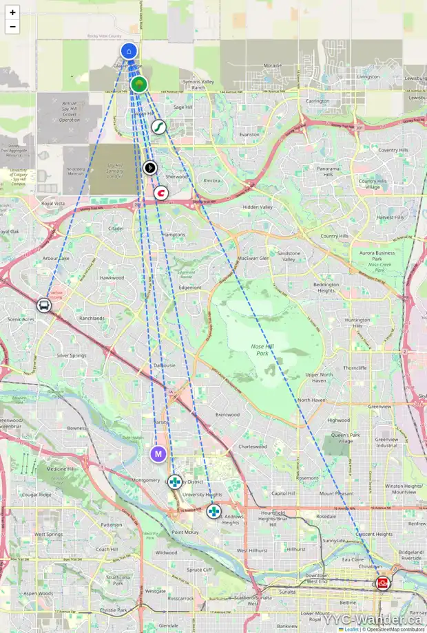 Daily accessibility map for 136 ANNETTE PA NW, Calgary showing nearby schools, grocery stores, parks, LRT stations and nearby amenities