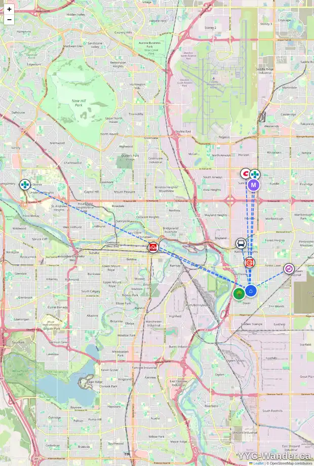 Daily accessibility map for 3214 30A AV SE, Calgary showing nearby schools, grocery stores, parks, LRT stations and nearby amenities