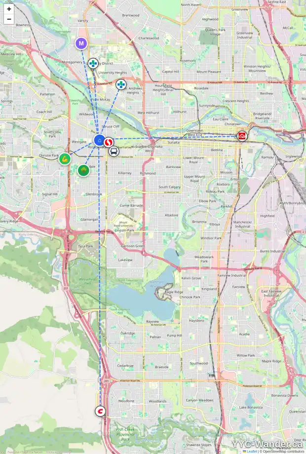 Daily accessibility map for 905 40 ST SW, Calgary showing nearby schools, grocery stores, parks, LRT stations and nearby amenities