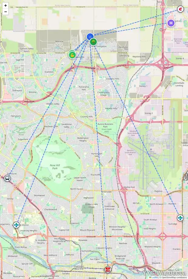 Daily accessibility map for 80 LUCAS LI NW, Calgary showing nearby schools, grocery stores, parks, LRT stations and nearby amenities