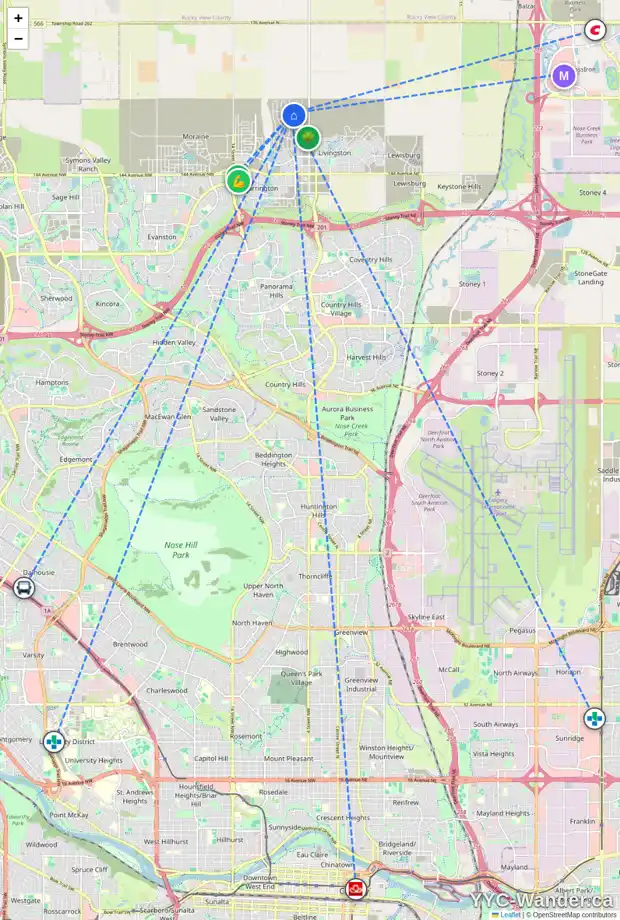 Daily accessibility map for 321 LIVINGSTON BV NW, Calgary showing nearby schools, grocery stores, parks, LRT stations and nearby amenities