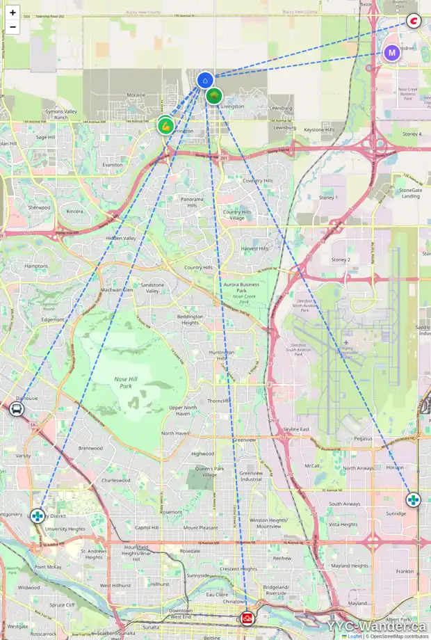 Daily accessibility map for 305 LIVINGSTON BV NW, Calgary showing nearby schools, grocery stores, parks, LRT stations and nearby amenities
