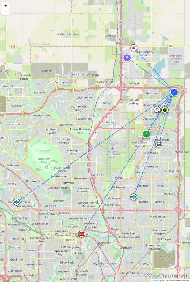 Daily accessibility map for 2106 CORNERSTONE BV NE, Calgary showing nearby schools, grocery stores, parks, LRT stations and nearby amenities