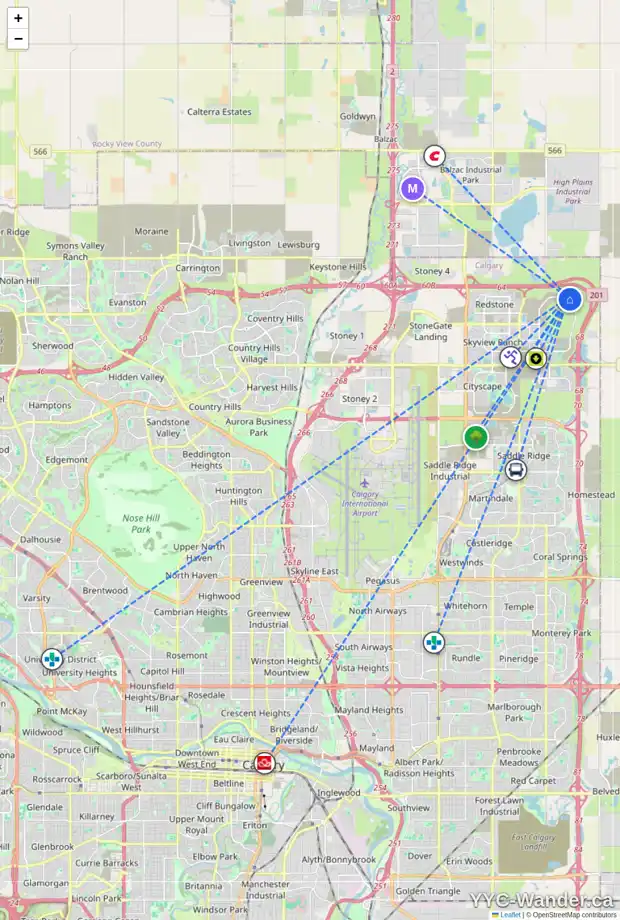 Daily accessibility map for 267 CORNER GLEN DR NE, Calgary showing nearby schools, grocery stores, parks, LRT stations and nearby amenities