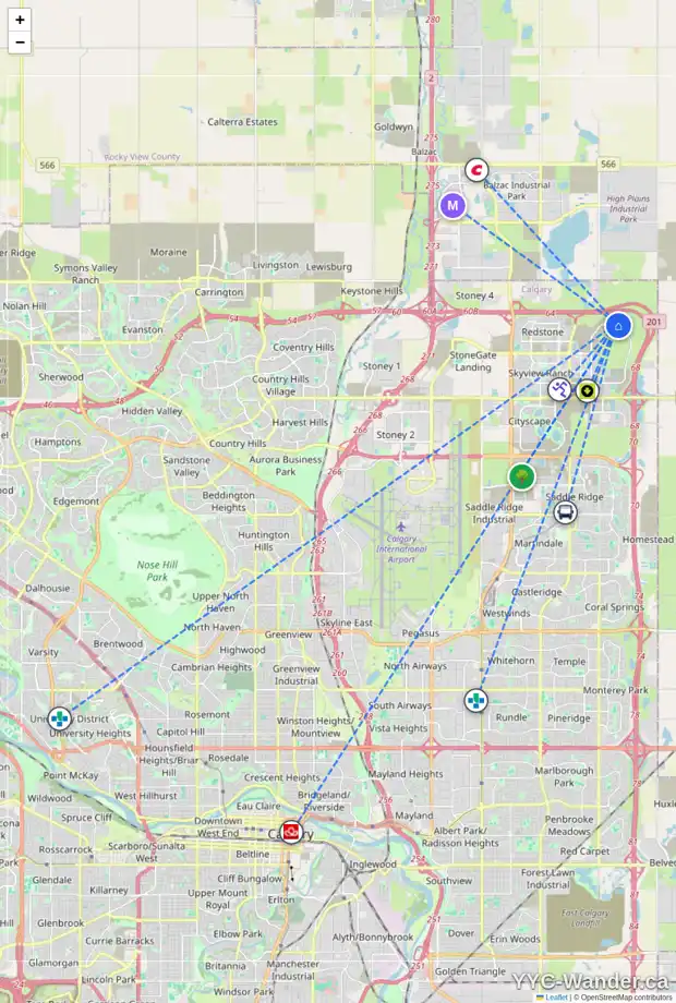 Daily accessibility map for 2081 CORNERSTONE BV NE, Calgary showing nearby schools, grocery stores, parks, LRT stations and nearby amenities