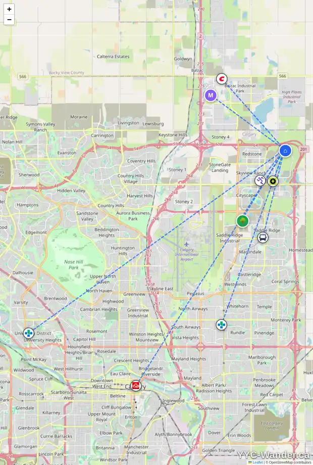 Daily accessibility map for 2051 CORNERSTONE BV NE, Calgary showing nearby schools, grocery stores, parks, LRT stations and nearby amenities