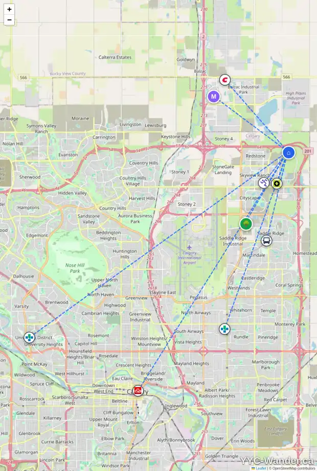 Daily accessibility map for 2037 CORNERSTONE BV NE, Calgary showing nearby schools, grocery stores, parks, LRT stations and nearby amenities