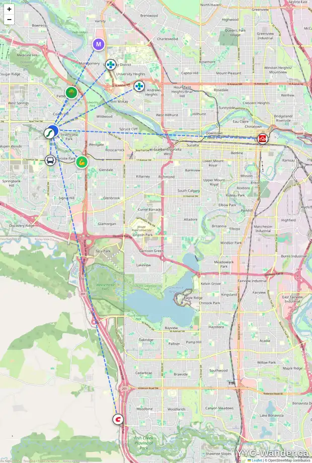 Daily accessibility map for 108 STRADDOCK CR SW, Calgary showing nearby schools, grocery stores, parks, LRT stations and nearby amenities