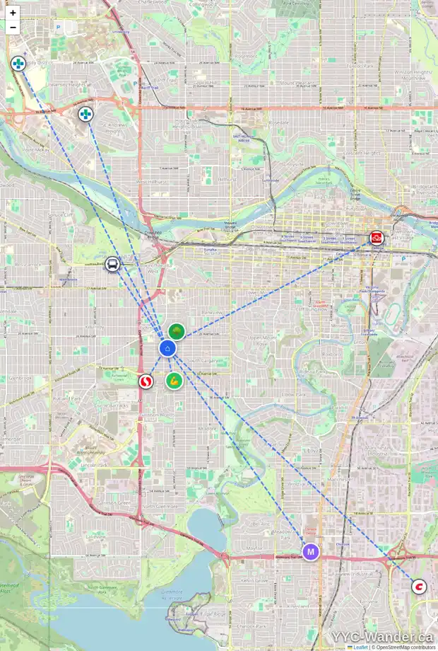 Daily accessibility map for 2133 28 AV SW, Calgary showing nearby schools, grocery stores, parks, LRT stations and nearby amenities