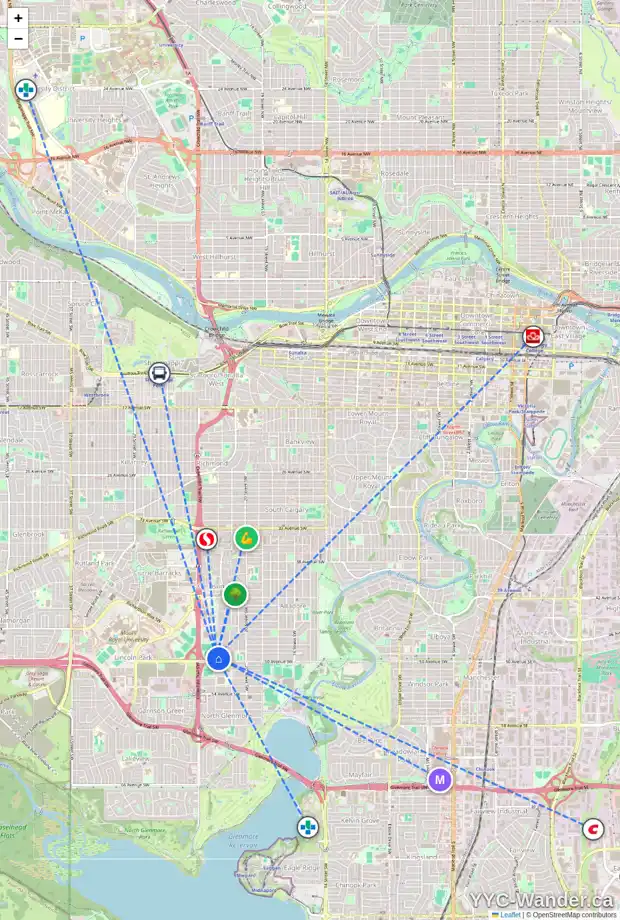 Daily accessibility map for 5020 22 ST SW, Calgary showing nearby schools, grocery stores, parks, LRT stations and nearby amenities
