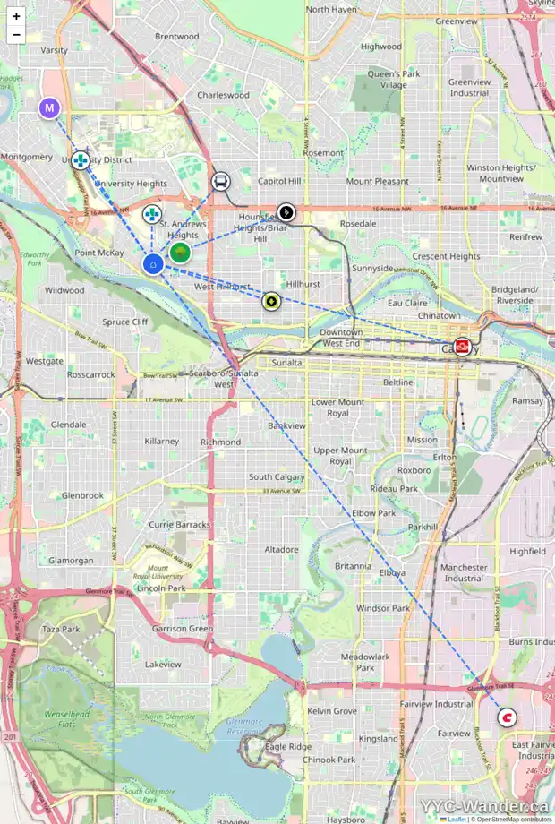 Daily accessibility map for 725 32 ST NW, Calgary showing nearby schools, grocery stores, parks, LRT stations and nearby amenities