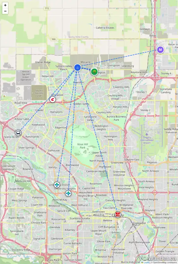 Daily accessibility map for 20 AMBLESTONE CR NW, Calgary showing nearby schools, grocery stores, parks, LRT stations and nearby amenities