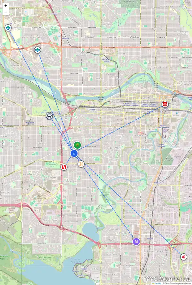 Daily accessibility map for 2124 29 AV SW, Calgary showing nearby schools, grocery stores, parks, LRT stations and nearby amenities
