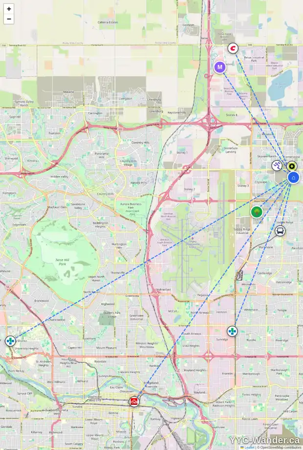 Daily accessibility map for 28 CORNERSTONE LN NE, Calgary showing nearby schools, grocery stores, parks, LRT stations and nearby amenities