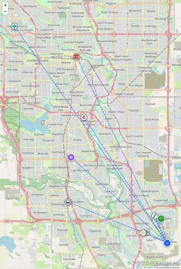 Daily accessibility map for 122 MALLARD HE SE, Calgary showing nearby schools, grocery stores, parks, LRT stations and nearby amenities