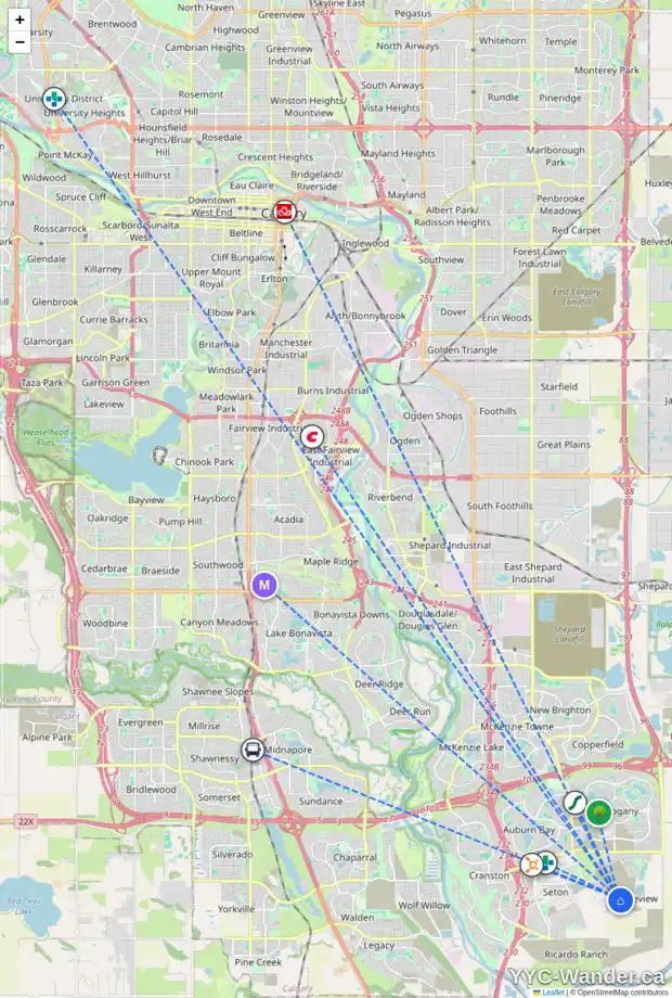 Daily accessibility map for 151 MALLARD HE SE, Calgary showing nearby schools, grocery stores, parks, LRT stations and nearby amenities