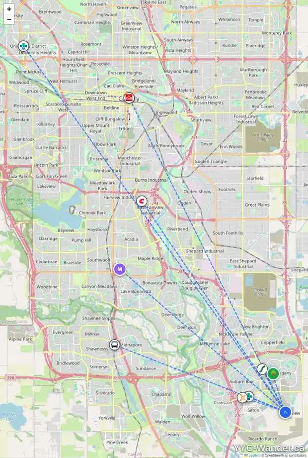Daily accessibility map for 27 RAVEN PT SE, Calgary showing nearby schools, grocery stores, parks, LRT stations and nearby amenities