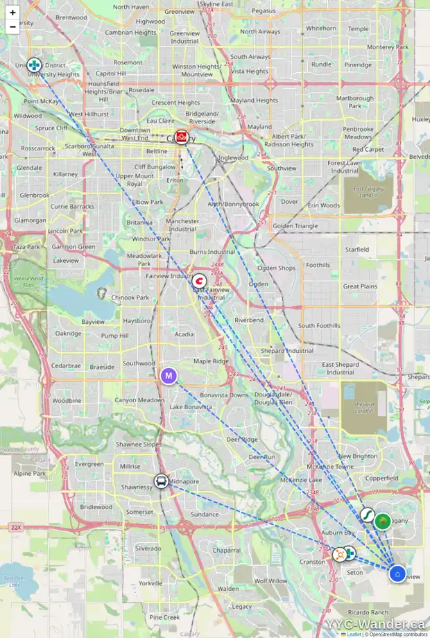 Daily accessibility map for 208 RANGEVIEW WY SE, Calgary showing nearby schools, grocery stores, parks, LRT stations and nearby amenities