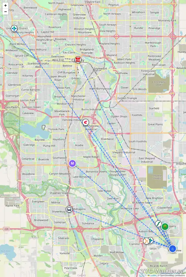 Daily accessibility map for 65 RAVEN MR SE, Calgary showing nearby schools, grocery stores, parks, LRT stations and nearby amenities