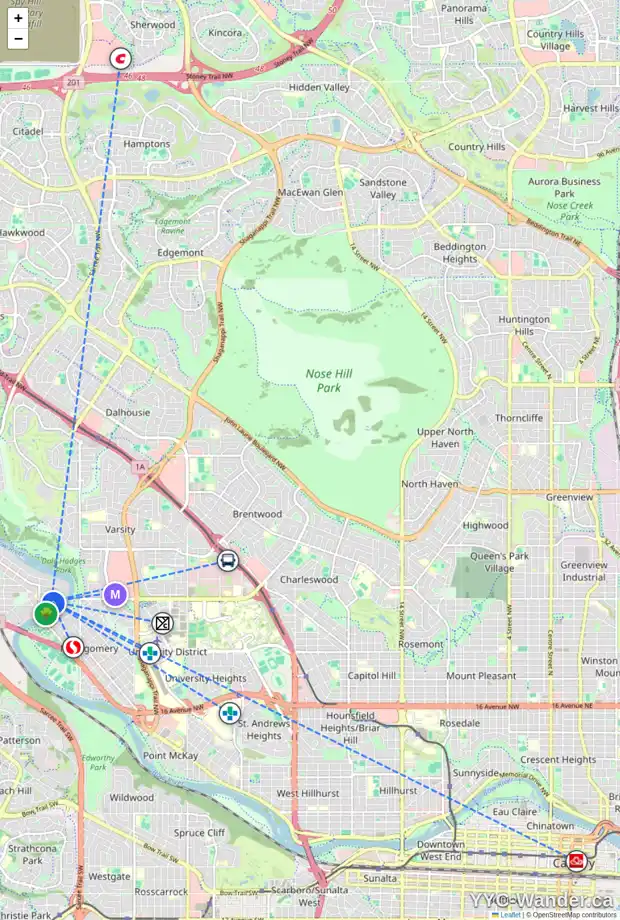 Daily accessibility map for 5851 BOW CR NW, Calgary showing nearby schools, grocery stores, parks, LRT stations and nearby amenities