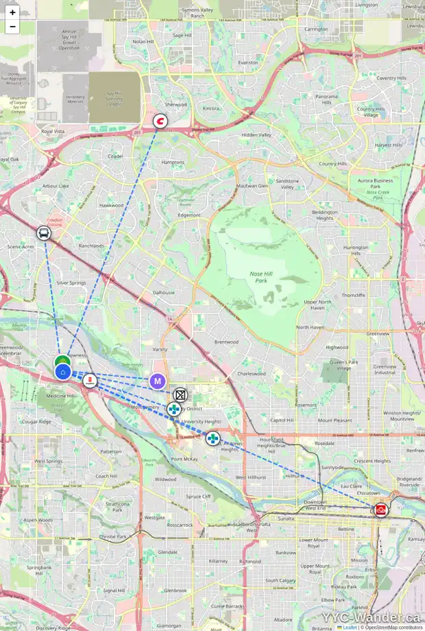 Daily accessibility map for 7804 34 AV NW, Calgary showing nearby schools, grocery stores, parks, LRT stations and nearby amenities