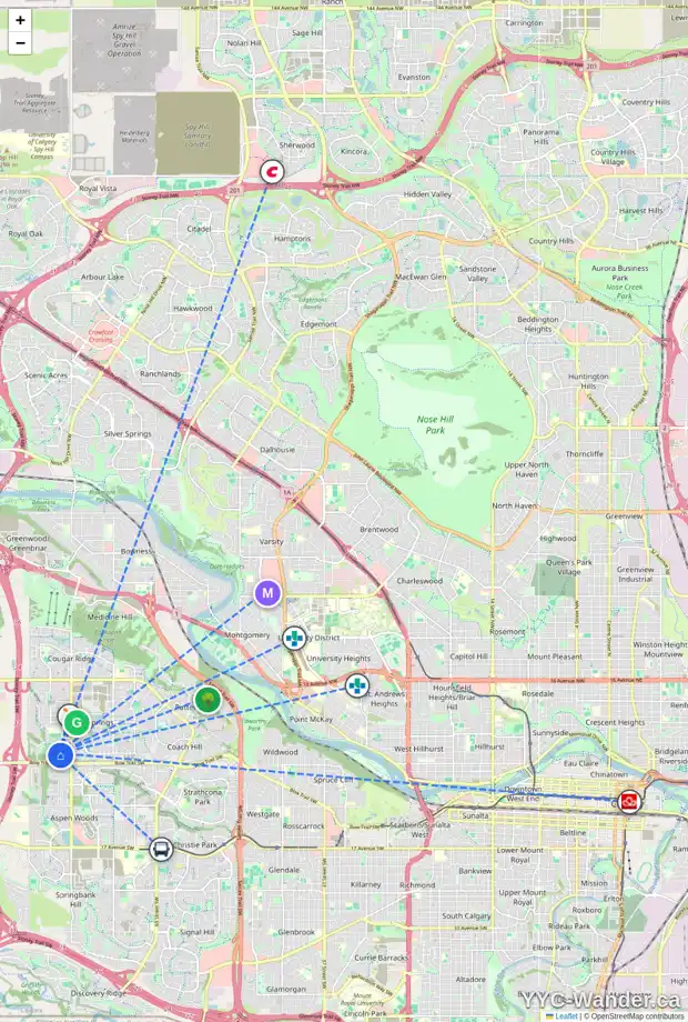 Daily accessibility map for 1174 WENTWORTH VW SW, Calgary showing nearby schools, grocery stores, parks, LRT stations and nearby amenities