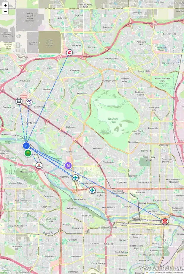 Daily accessibility map for 7924 47 AV NW, Calgary showing nearby schools, grocery stores, parks, LRT stations and nearby amenities