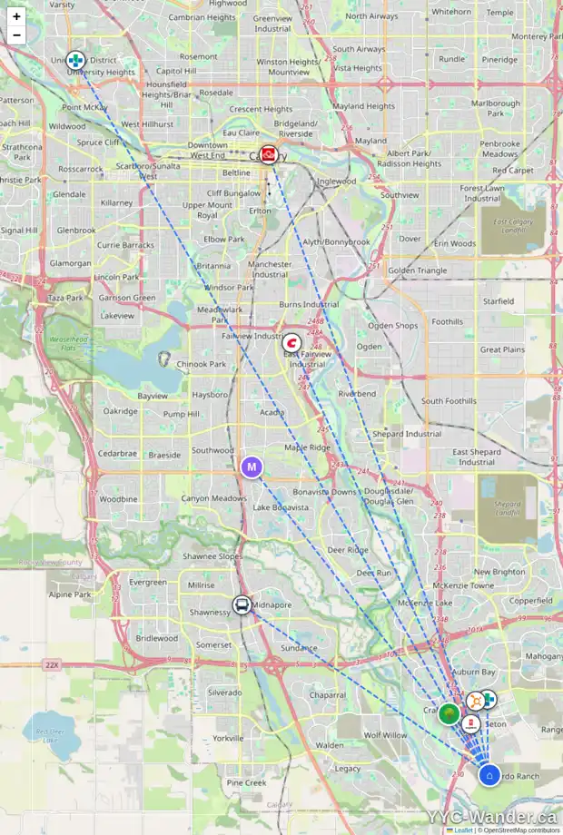 Daily accessibility map for 13 SETONVISTA GA SE, Calgary showing nearby schools, grocery stores, parks, LRT stations and nearby amenities