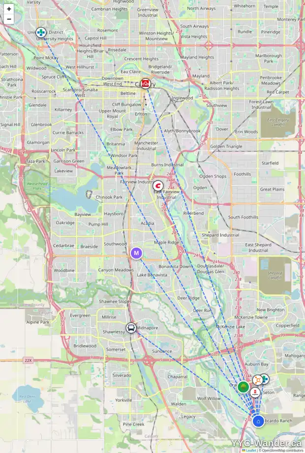 Daily accessibility map for 47 SETONRIDGE PA SE, Calgary showing nearby schools, grocery stores, parks, LRT stations and nearby amenities
