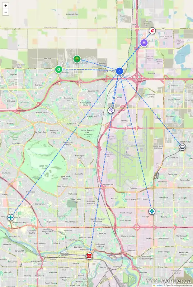 Daily accessibility map for 73 KEYSTONE CREEK TC NE, Calgary showing nearby schools, grocery stores, parks, LRT stations and nearby amenities