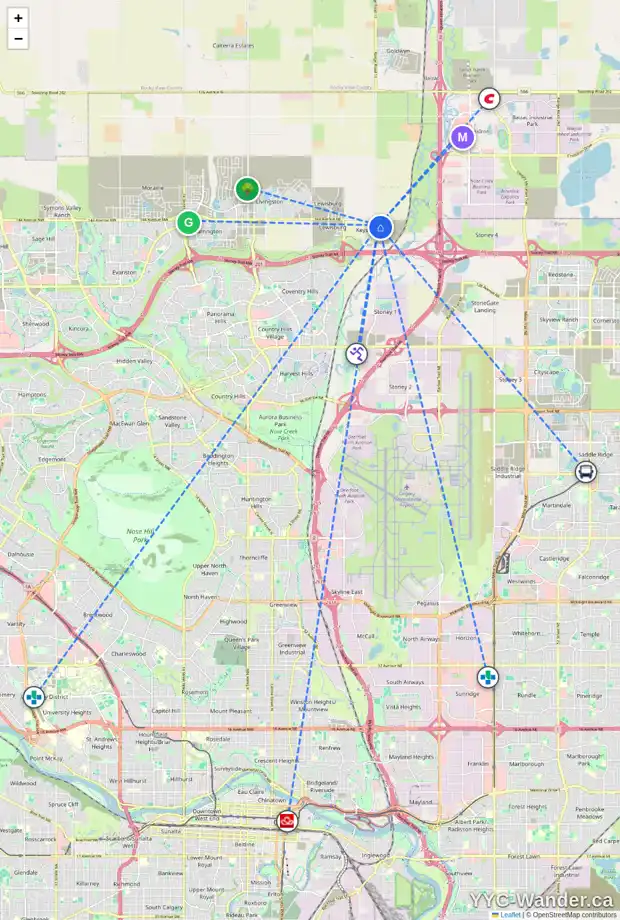 Daily accessibility map for 298 KEYSTONE CREEK PL NE, Calgary showing nearby schools, grocery stores, parks, LRT stations and nearby amenities