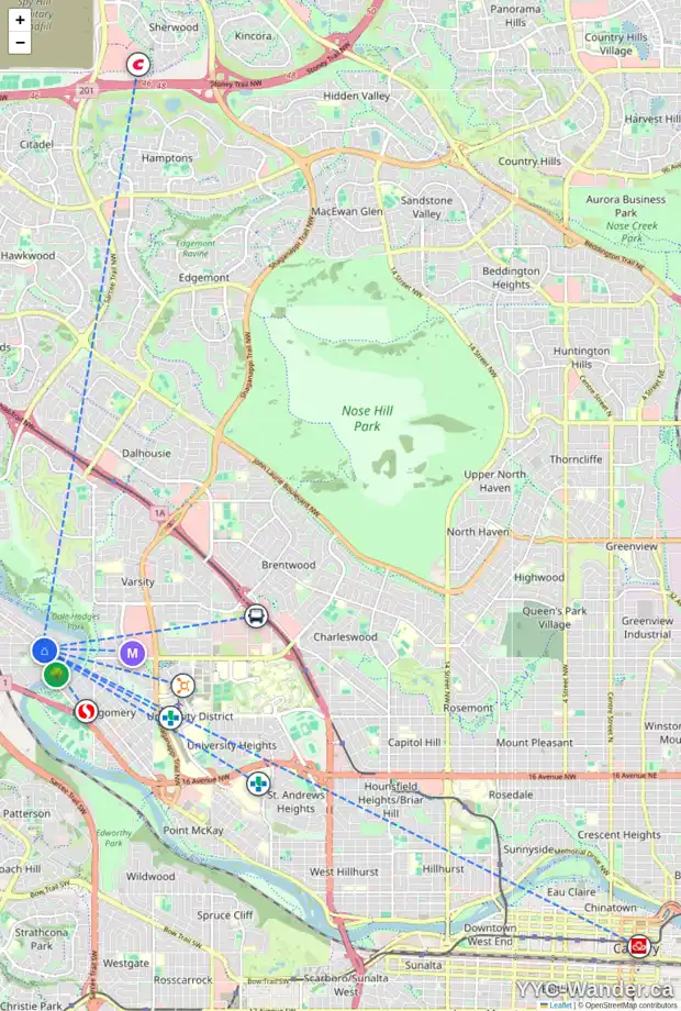 Daily accessibility map for 6124D 33 AV NW, Calgary showing nearby schools, grocery stores, parks, LRT stations and nearby amenities