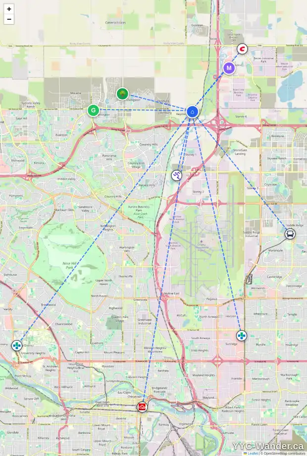 Daily accessibility map for 171 KEYSTONE CREEK DR NE, Calgary showing nearby schools, grocery stores, parks, LRT stations and nearby amenities