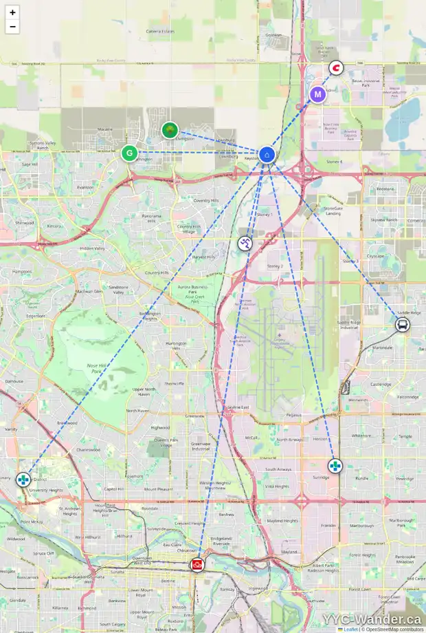 Daily accessibility map for 179 KEYSTONE CREEK DR NE, Calgary showing nearby schools, grocery stores, parks, LRT stations and nearby amenities