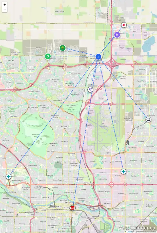 Daily accessibility map for 187 KEYSTONE CREEK DR NE, Calgary showing nearby schools, grocery stores, parks, LRT stations and nearby amenities